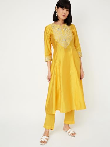 Max Women's Silk Kurta Set (EXST42038YELLOW_Yellow