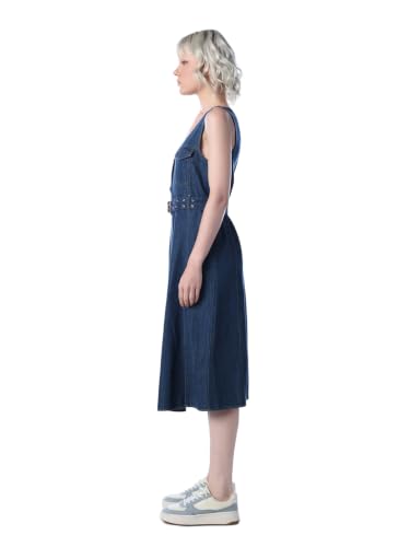 ONLY Women's Solid Fit and Flare Blue Dress with Belt