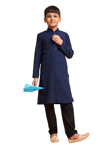 Manyavar Boys Spandex Textured Kurta Pyjama Set (Dark Blue,3-4Y)