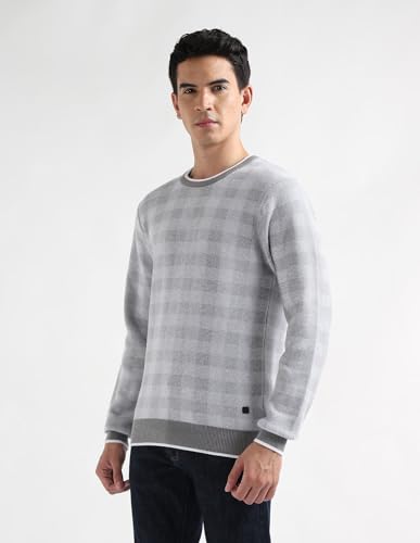 Arrow Men's Checked Regular Fit Sweater (ARAKSW4127_Light Grey_L)
