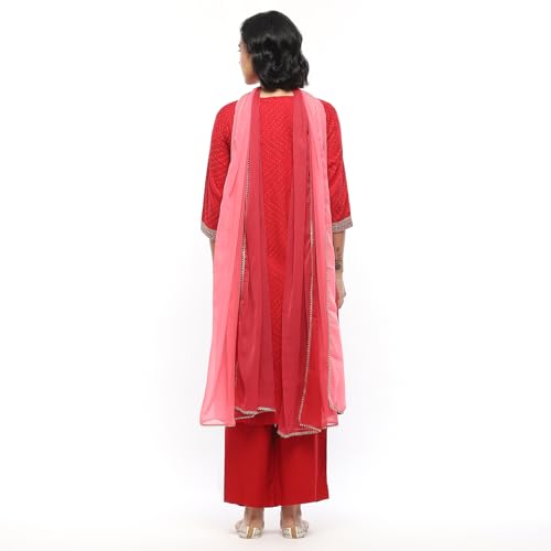BIBA Women's Cherry Red Rayon Straight Suit Set_40
