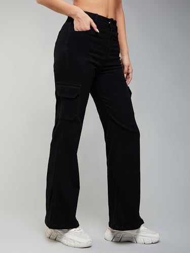 Miss Chase Women's Wide Leg High Rise Patch Pocketed Regular Stretchable Denim Jeans (MCSS24DEN79-02-331-38, Lead Black, 38)