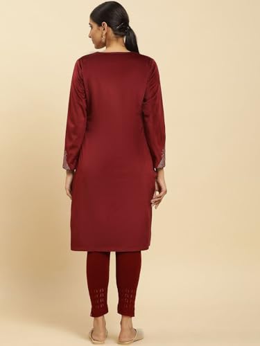 W for Woman Maroon Embroidered Flared Velvet Kurta (Size: 2XL)-24NOW10358-220780