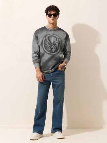 The Souled Store Black Panther: Claws Men and Boys Long Sleeve Round Neck Grey Graphic Printed Casual Lightweight Drop Shoulder Streetwear Trendy Oversized Full Sleeve T-Shirts