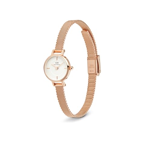 Daniel Wellington Petite Analog Watch for Women with White Round Dial & Rose Gold Stainless Steel Bracelet Band Water Resistant Women's Wrist Watches - DW00100744K