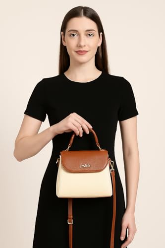 eske Viviana Colorblocked Pattern Genuine Leather Women Flap Satchel (Cognac Vanilla)