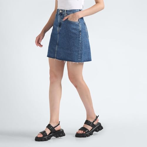 Tommy Hilfiger Cotton Blue Solid Women Denim Mini Skirt (XL)
