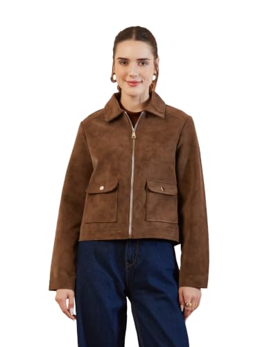 Latin Quarters Women's Brown Solid Collar Neck Full Sleeves Casual Jacket_XL