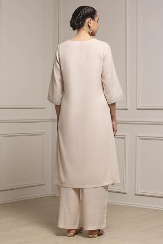 Biba Women Beige Polyester Blend Straight Dyed Suit Set_42