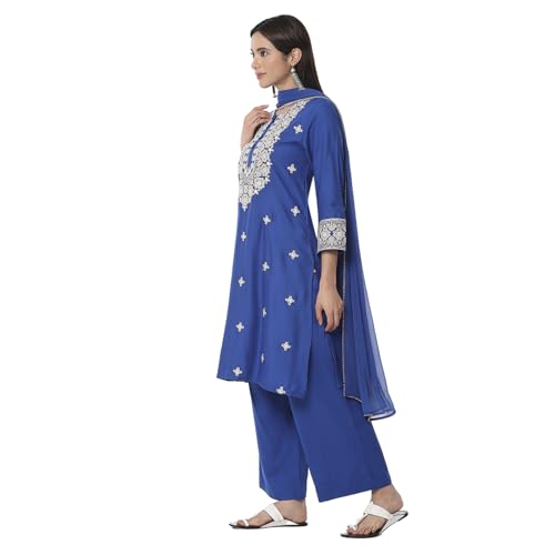 Biba Women Blue Embroidered Straight Suit Set_44