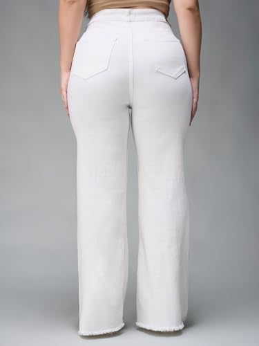 Miss Chase A+ Women's Wide-Leg High-Rise Regular-Length Stretchable Cargo Denim Jeans (APSS23DEN12-52-409-38, Frost White, 38)