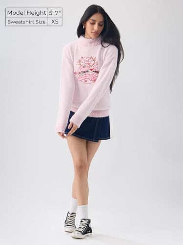 The Souled Store Pink Panther: Christmas Women and Girls Full Sleeves Mock Neck Light Pink Embroidered Animal Graphic Nylon Acrylic Blend Oversized Fit Casual Pullover Sweater