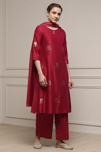 Biba Women Red Chanderi Relaxed Dyed Kurta Pants Set_32