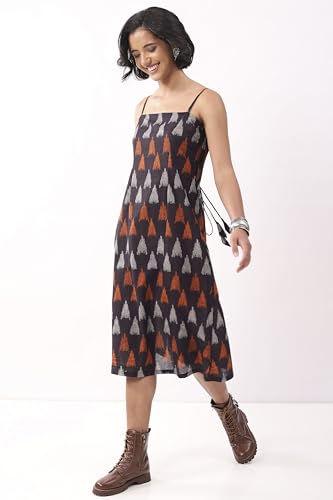 Biba Nxt Women Black Cotton Abstract Printed Strappy Midi Dress_32