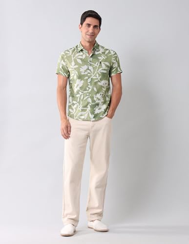 U.S. POLO ASSN. Denim Co. Men's Green Floral Printed Spread Collar Half Sleeve Casual Cotton Regular Fit Shirt (UDSHT1506_Green_39)