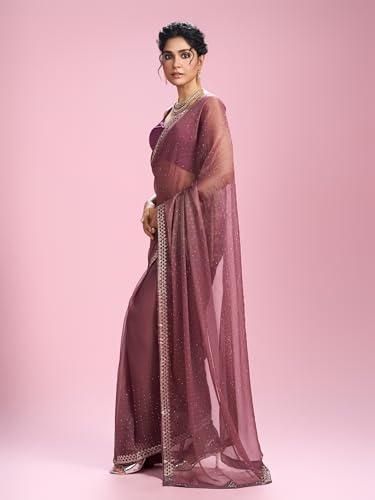 MOHEY Women's Organza Stone Work Saree with Blouse Piece(Purple)