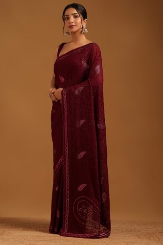 Soch Womens Wine Georgette Paisley Print Saree With Stone Work