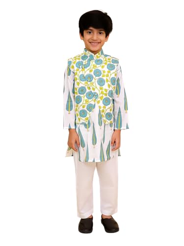 The Mom Store Baby/Kids Boys Kurta Pajama and Jacket Set | Cotton | Comfortable | Ethnic Wear | Festive Look | Printed | Emeraluxe, Multi | 7-8Y
