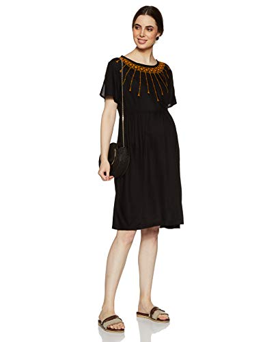 MomStory Women's Rayon Pleated Knee-Long Dress (MDRF501873_Black_XL)