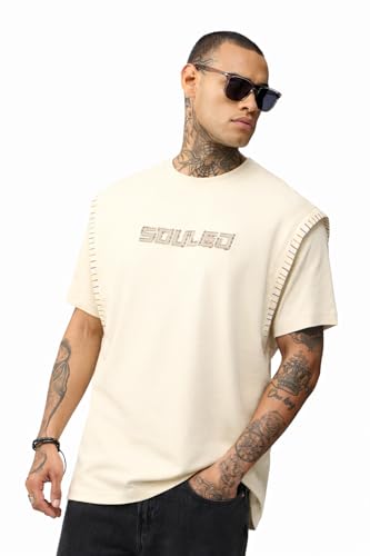 The Souled Store Oversized T-Shirt Oyster Men and Boys Short Sleeves Round Neck Off White Embroidered Shoulder Panel Casual Lightweight Drop Shoulder Streetwear Trendy Oversized T-Shirts