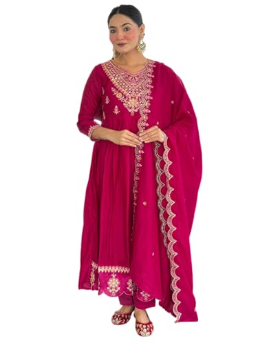 VARNI FABRICS: A lady's First Love Women's Vichitra Silk Pink Embroidered Flared Kurta With Pant And Dupatta,Ethnic Set (IN, Alpha, M, Regular)