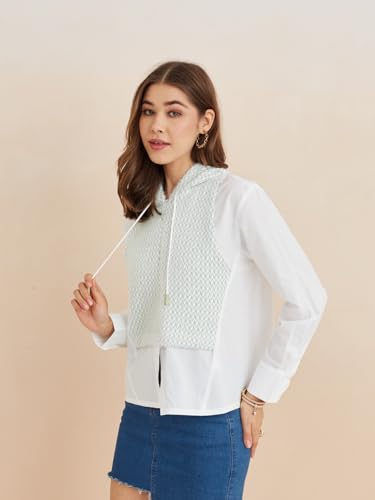 Latin Quarters Women's White Hooded Full Sleeves Self Design Casual Shirt_XXL