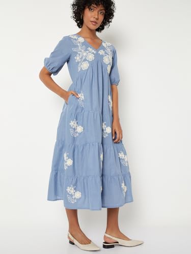 Max Women Embroidered Tiered Dress (Blue_S)