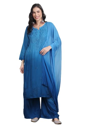 Fashion Chikan Art Women's Lucknowi Chikankari Hand-Embroidered Rayon Dyed Kurta, Palazzo & Dupatta 3-Piece Set | Festive, Ethnic & Causal Suit(2XL, Blue)