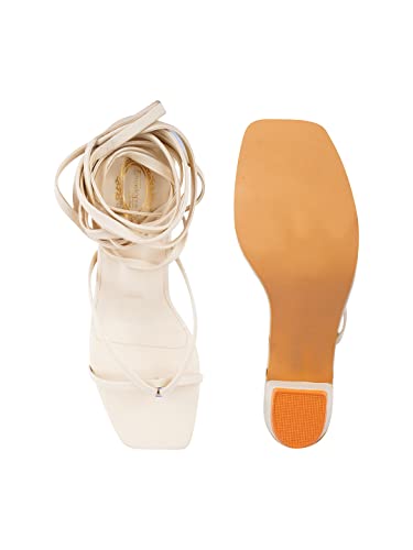 Shoetopia Elegant Cream Block Heel Sandals with Gladiator Detail | Chic Lace-Up Straps | Comfortable Summer Footwear for Women EU35