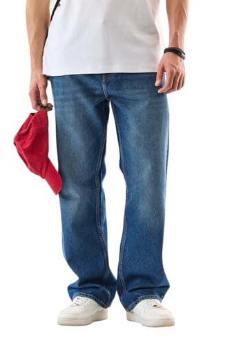 SNITCH Men Casual Jeans | Loose Fit Mid Rise Blue Stone-Wash Design | 100% Cotton Smooth Texture & Durable Stitching for Everyday Comfort & Style