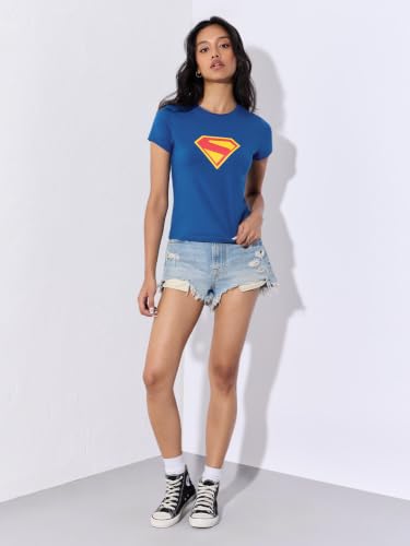 The Souled Store Supergirl: Super Suit Women and Girls Short Sleeves Round Neck Blue Graphic Printed Cotton Slim Fit Stretch Lightweight Everyday T-Shirts