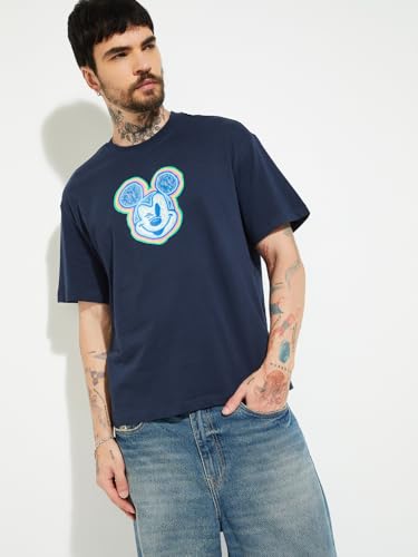 Max URB_N Men Mickey Mouse Print Oversized T-Shirt(Blue_XL)