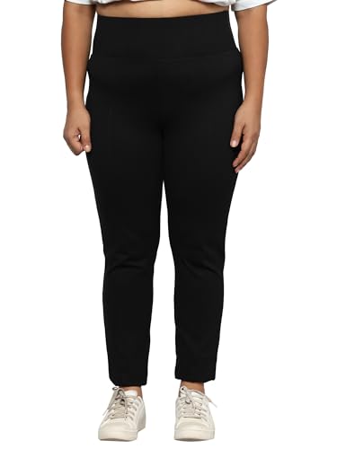 HAPPENING Plus Size Women Stretchable Trousers Broad Band Waist with Smart Tummy Tucker - HIGH Rise - Skinny Fit Pull Up (NO Zip) - Black Color - Waist Size 28 to 44 inches (44)