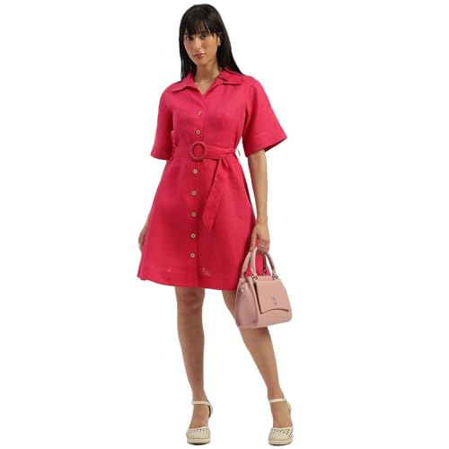 UNITED COLORS OF BENETTON Shirt Collar Solid A-Line Dress (Size: S)-25P4WVNDR150I02E Pink