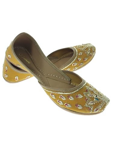 Fulkari Women's Mayur Velvet Skin Gold Toned Soft Leather Embroidered Jutis | Bite and Pinch Free Jutti | Punjabi Formal Juttis | Girl's Wedding Flat Ladies Mojari | Formal Ethnic Juti | 41