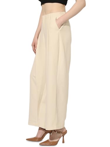 ONLY Women's Solid Regular Fit High-Rise Beige Pants