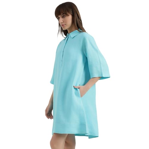 United Colors of Benetton Regular Fit Spread Collar Solid Dress (Size : XS) - 26P4WVNDR301ITQ1 Turquoise