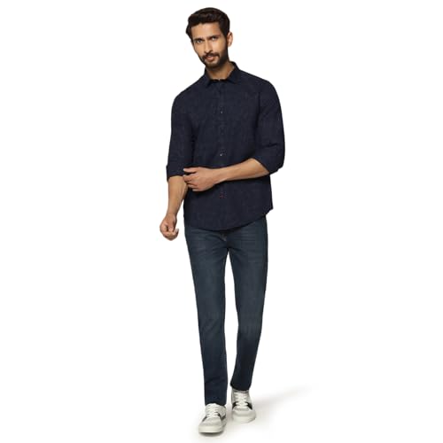 blackberrys Men?s Casual Blue Printed India Slim Fit (Slim Comfort) Shirt | Modern Printed Collared Long Sleeve Shirt | Size 46, Color Blue
