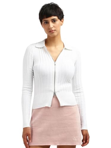 Calvin Klein Jeans Slim Fit Polyester Spread Collar Front-Open Sweater Bright White