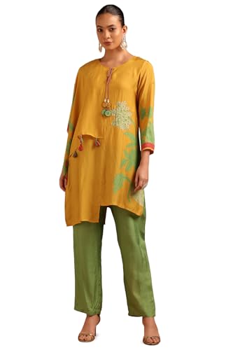 Soch Womens Mustard Muslin Botanical Co-ord Set With Hand Embroidery and Cutdana Details