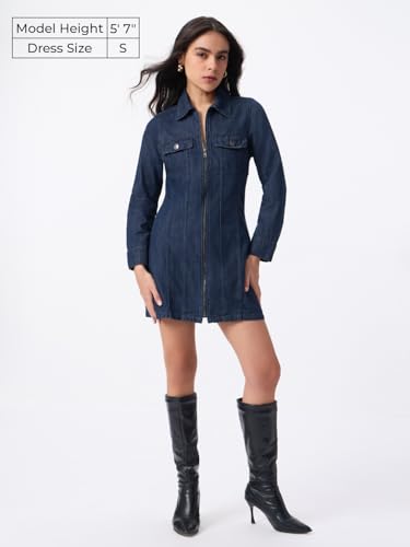 The Souled Store Denim Line: Galactic Women and Girls Long Sleeves Spread Collar Indigo Blue Solid Cotton Regular Fit Detachable Belt Full Zip Shirt Dress