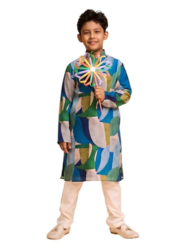 Manyavar Boys Satin Abstract Printed Kurta Pyjama Set (Light Mid Green,4-5Y)