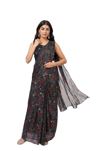 W for Woman Black Floral Printed Sequined Pre-Draped Georgette Saree with Blouse - (WS13896-127633-XL)