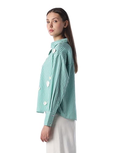 ONLY Women's Vertical Stripes Regular Fit Green Shirt