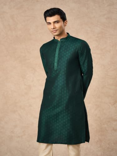 Manyavar Men's Art Silk Self-Textured Knee-Length Kurta Pyjama Set (Dark Green,XXL)