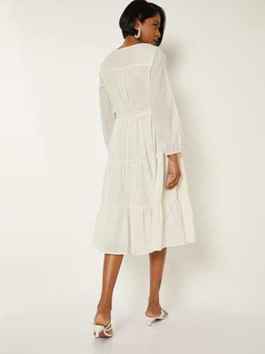 Max Women Embroidered Tiered A-line Dress (Off White_XL)