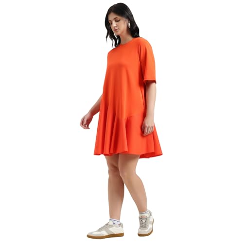 United Colors of Benetton Round Neck Solid Dress (Size : 2XL) - 26P3099W3823IRJ3 Orange