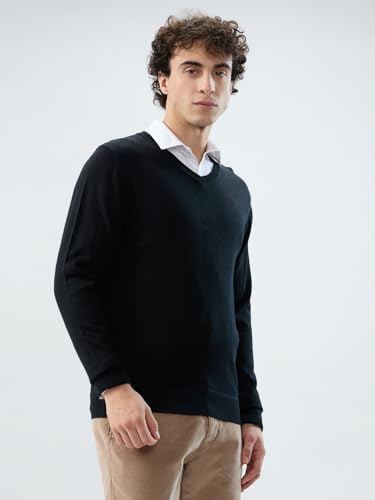 Raymond Men Regular Fit Solid Pattern Merino Wool Acrylic Blend Full Sleeve V Neck Casual Sweater Black