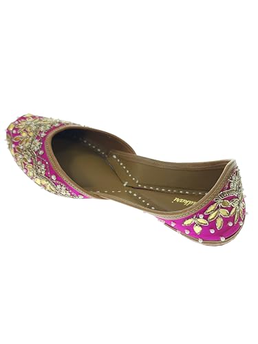 Fulkari Women's GottaPatti Magenta Gold Soft Leather Embroidered Jutis | Bite and Pinch Free Jutti | Punjabi Formal Juttis | Girl's Wedding Flat Ladies Mojari | Formal Ethnic Juti | 36