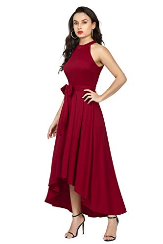 REMO - The Right Choice Women's Halter Neck Maxi Dress, Maroon Red, High-Low Hem with Waist Tie Belt, Sleeveless (in, Alpha, M, Regular)